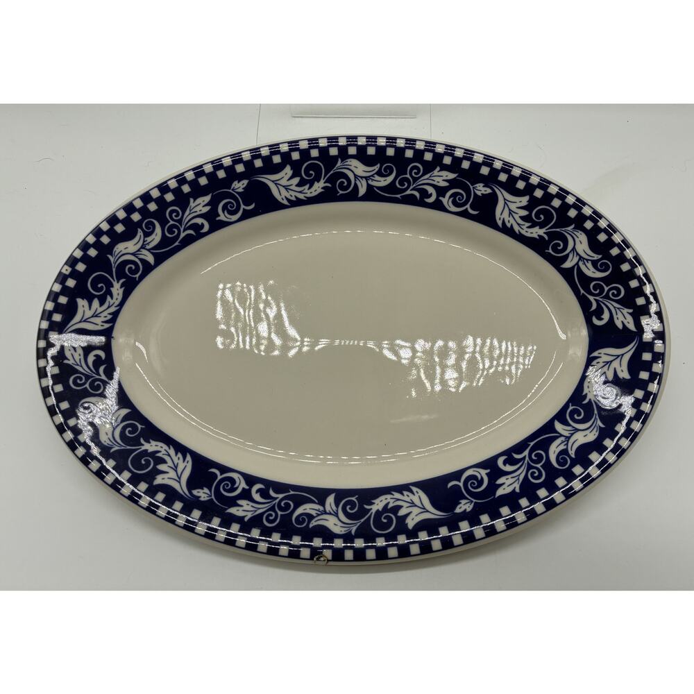 Homer Laughlin China Oval Serving Platter Blue Checker & Leaf Pattern 13.25"x 9"